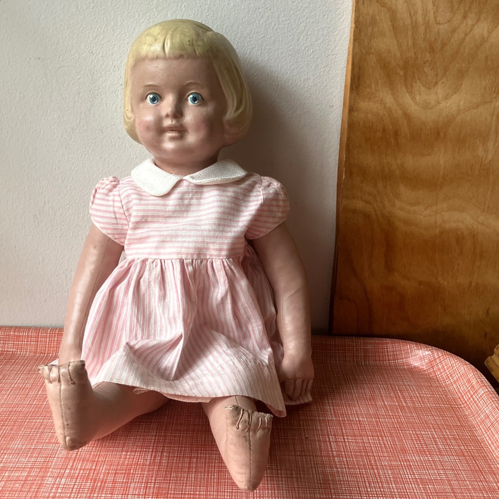 Vintage Martha Chase rubber oil cloth blue eyed blonde doll circa 1940s